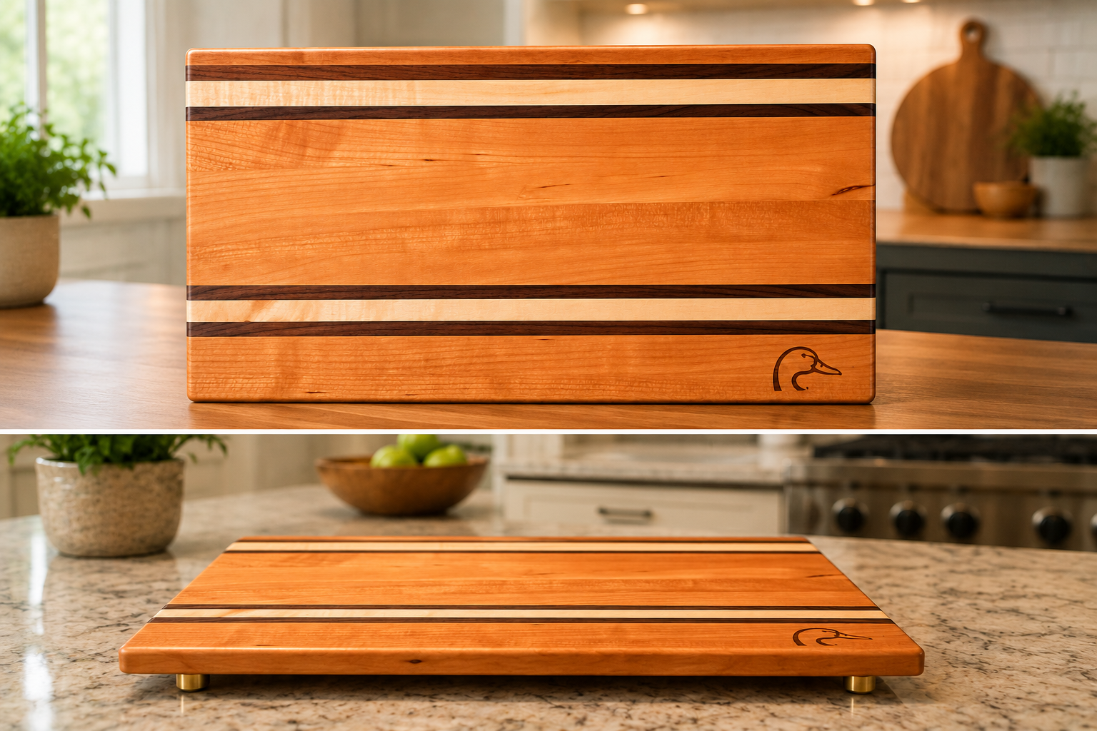 Side and top views of the Ducks Unlimited cutting board showing brass feet and inlay stripes